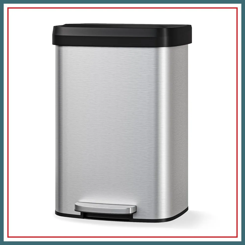50L Stainless Steel Trash Can with Lid, Large Garbage Can for Kitchen, Rustproof Step-on Bin with Soft Close Lid