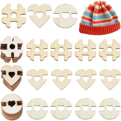 90Pcs 3 Styles Button Flat Round/Square/Heart Poms Keepers Wood Handmade Buttons Pompoms Holders Knitted Hat Making Fastener