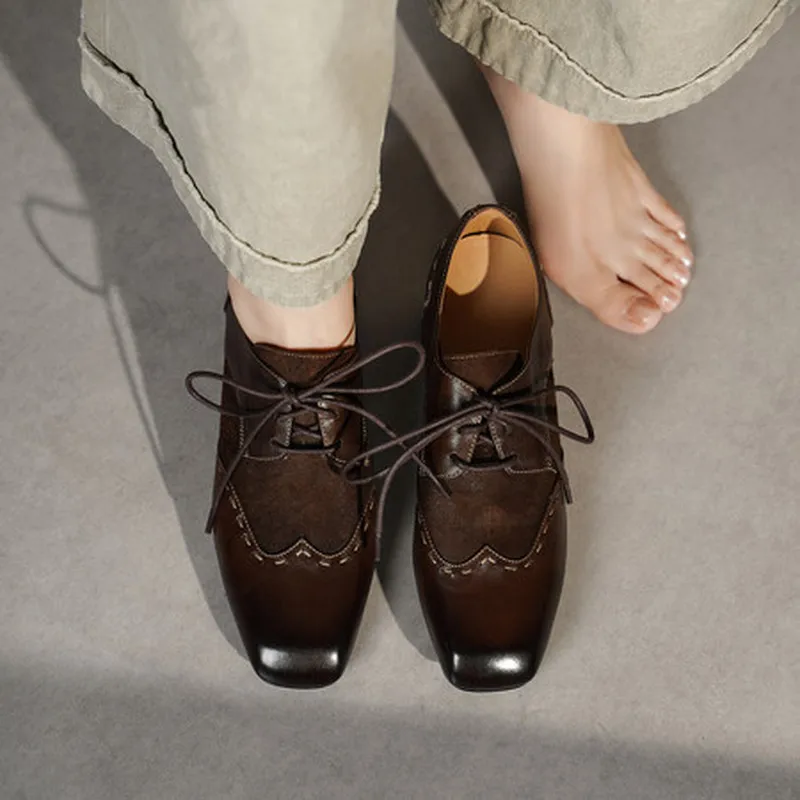 Women Retro Square Toe Lace Up Oxford Shoes 5cm Chunky Block Heel Genuine Calfskin Upper Pigskin Lining Cow Leather Insole G425 - view 2