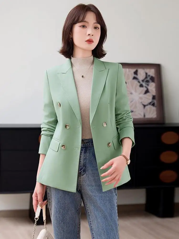 Korean Fashion Frauen Solide Elegante Lange Ärmeln Blazer Mantel Herbst Winter Vielseitig Zweireiher Tops 2025, Casual Streetwear