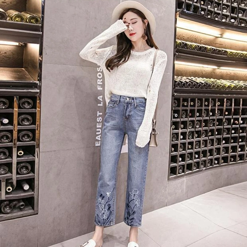 

High-Waist Embroidered Floral Jeans for Women Straight Leg Ankle Length Ripped Denim Trousers Slim Fit Spring Summer Fall