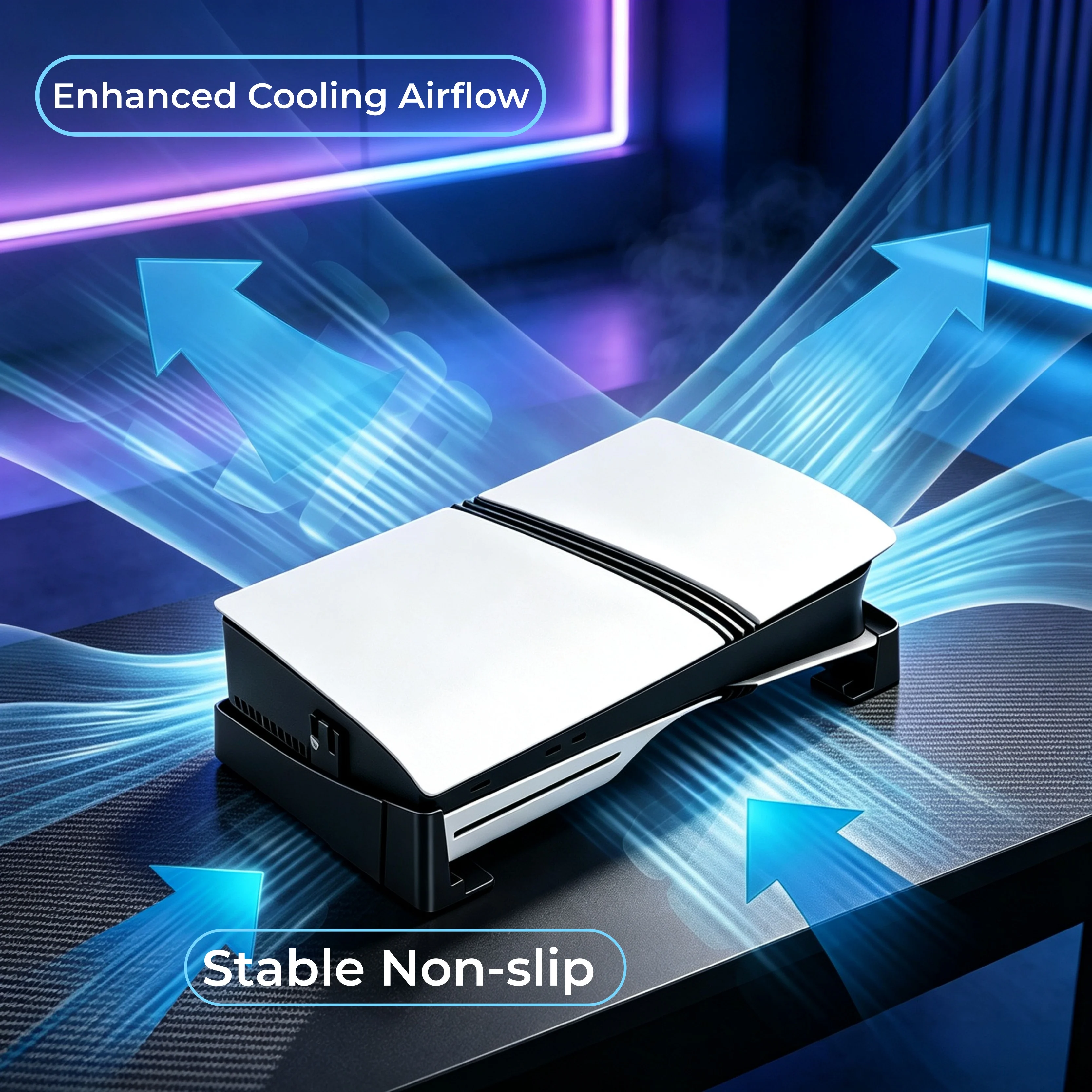 Horizontal Stand for PS5/Slim/Pro – Stretchable Cooling Base, Anti-Slip, Space-Saving Console Holder, White, Black