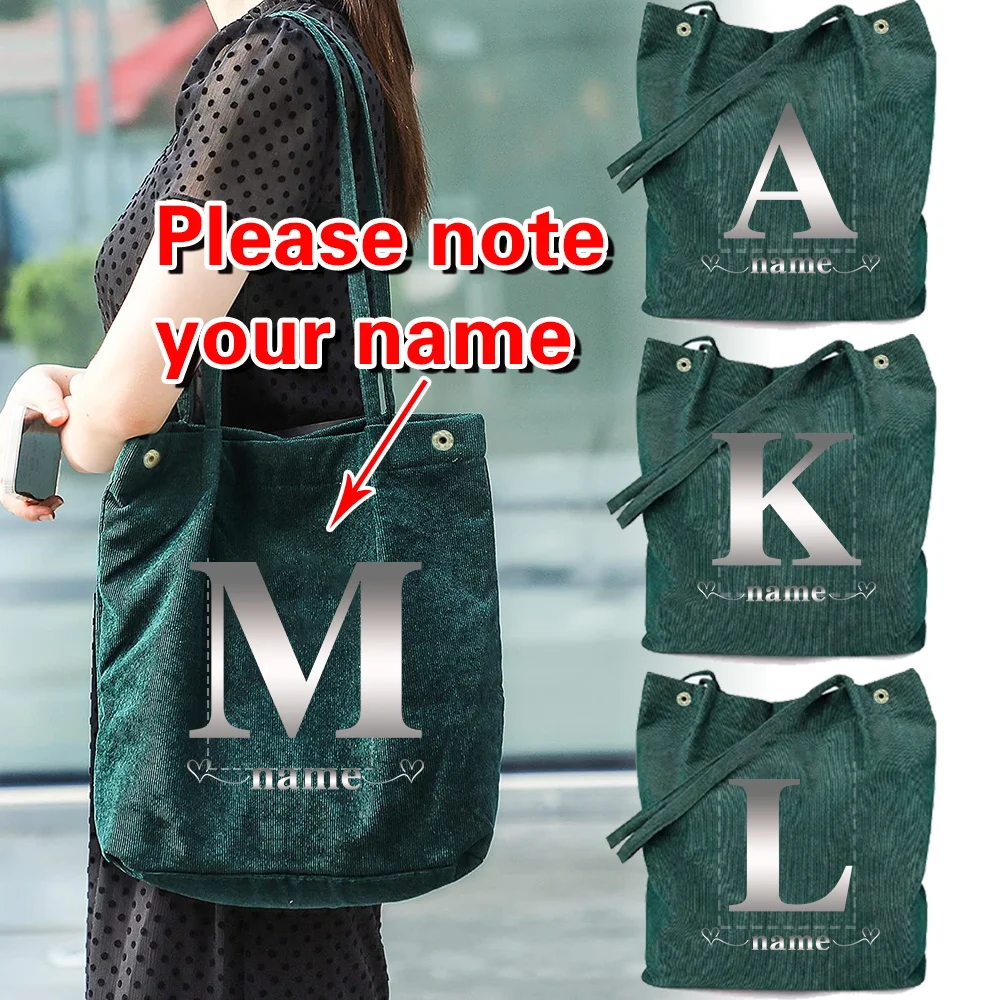 

Personalized Customization Name New Women's Corduroy Green Shopping Bag Canvas Shoulder Bag Storage Handbag Letter Series