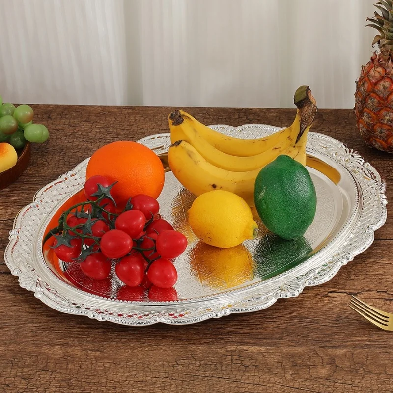 

Fruit Tray, Alloy Home Round Plate, Large Size Silver Retro Snack Disc, Living Room Desktop Decoration Storage Supplies,44 cm