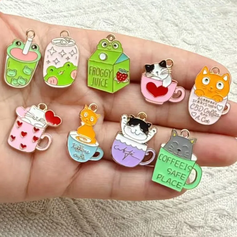 10pcs Enamel Cup Cat Charm for Jewelry Making Kawaii Earring Pendant Bracelet Necklace Accessories Diy Craft Supplies Materials