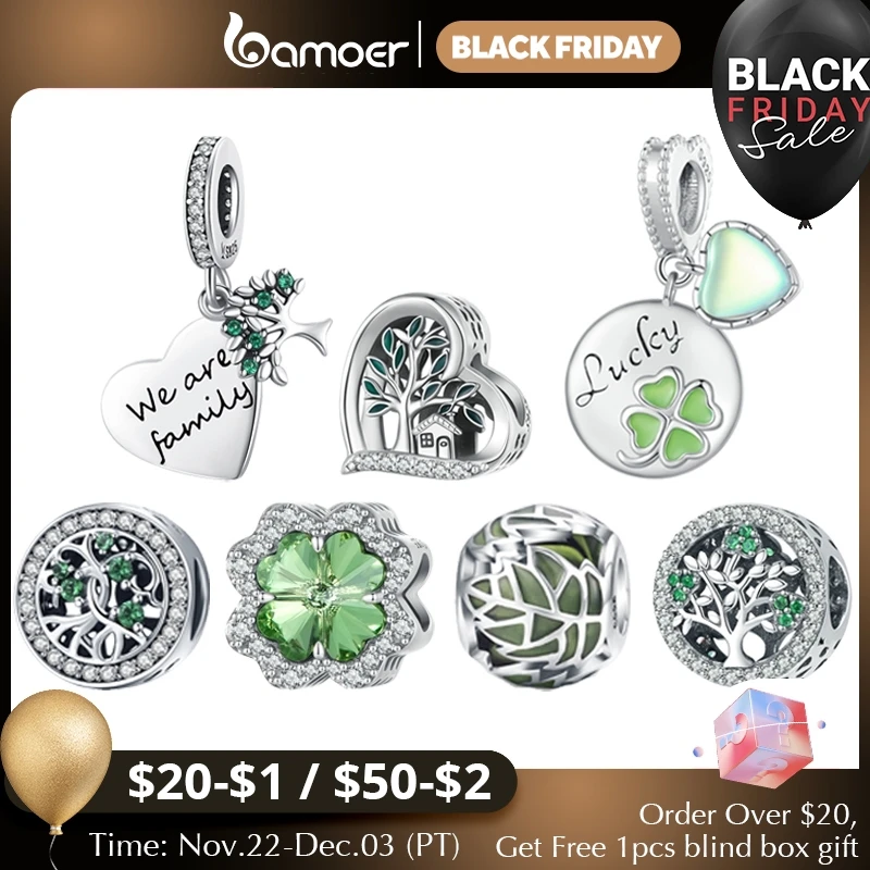 Bamoer 925 Sterling Silver Four-leaf Clover Beads Family The Tree of Life Pendant Charms for Women Bracelet and Necklace DIY