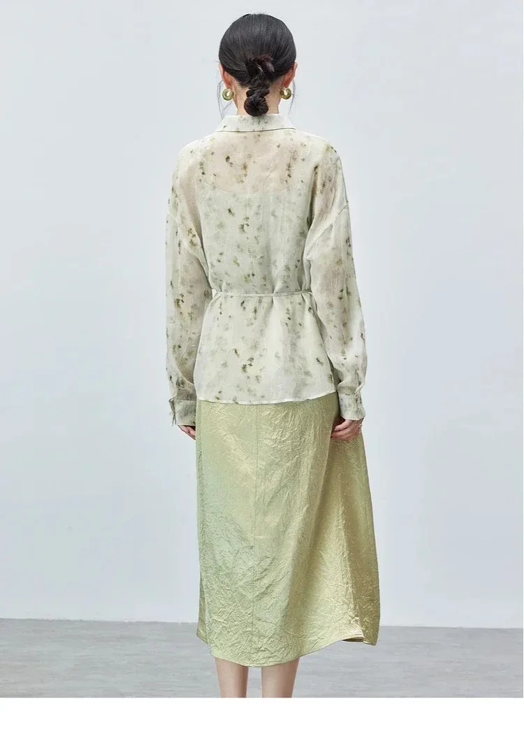 센투빌라 여성용 투피스 드레스 세트 2025 우아한 미디 베스트 드레스 프린트 V넥 레이스업 셔츠 파티 매칭 세트 143Z55545