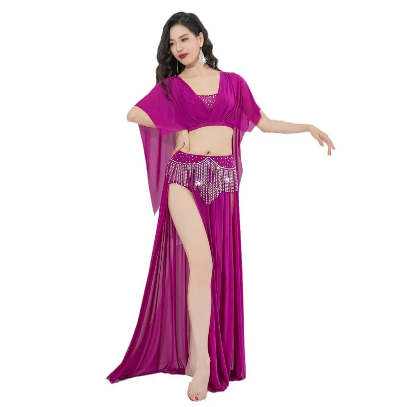 Costumi di danza del ventre personalizzati Colletto profondo con piega a V Top Gonna con nappe forate a caldo Abito da spettacolo per pratica di danza orientale in rete
