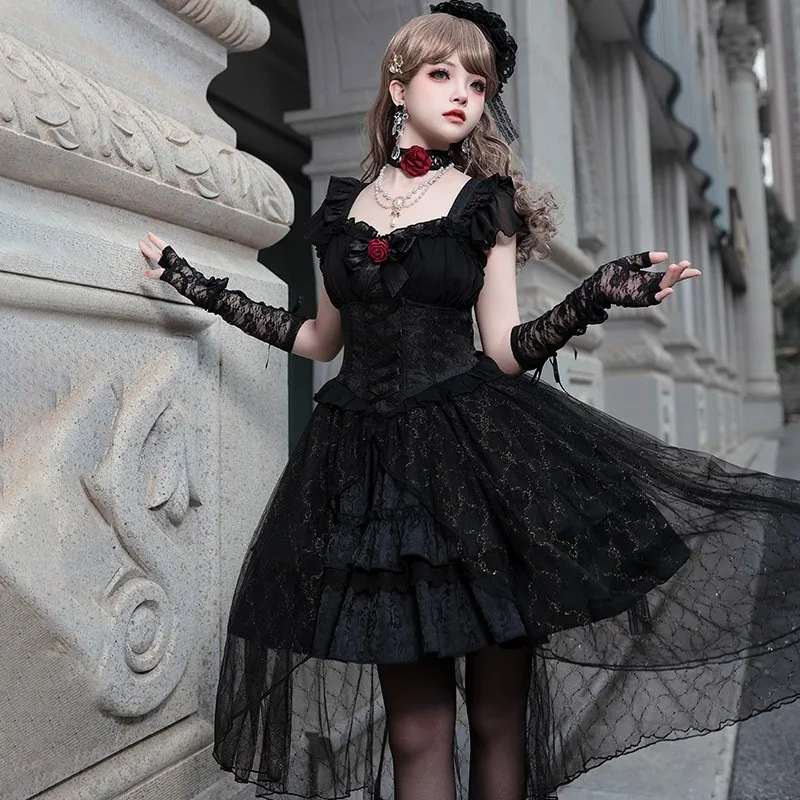 

Gothic Style Flounced Sleeve Fishbone Positive Waist Dark Irregular Swing Dress