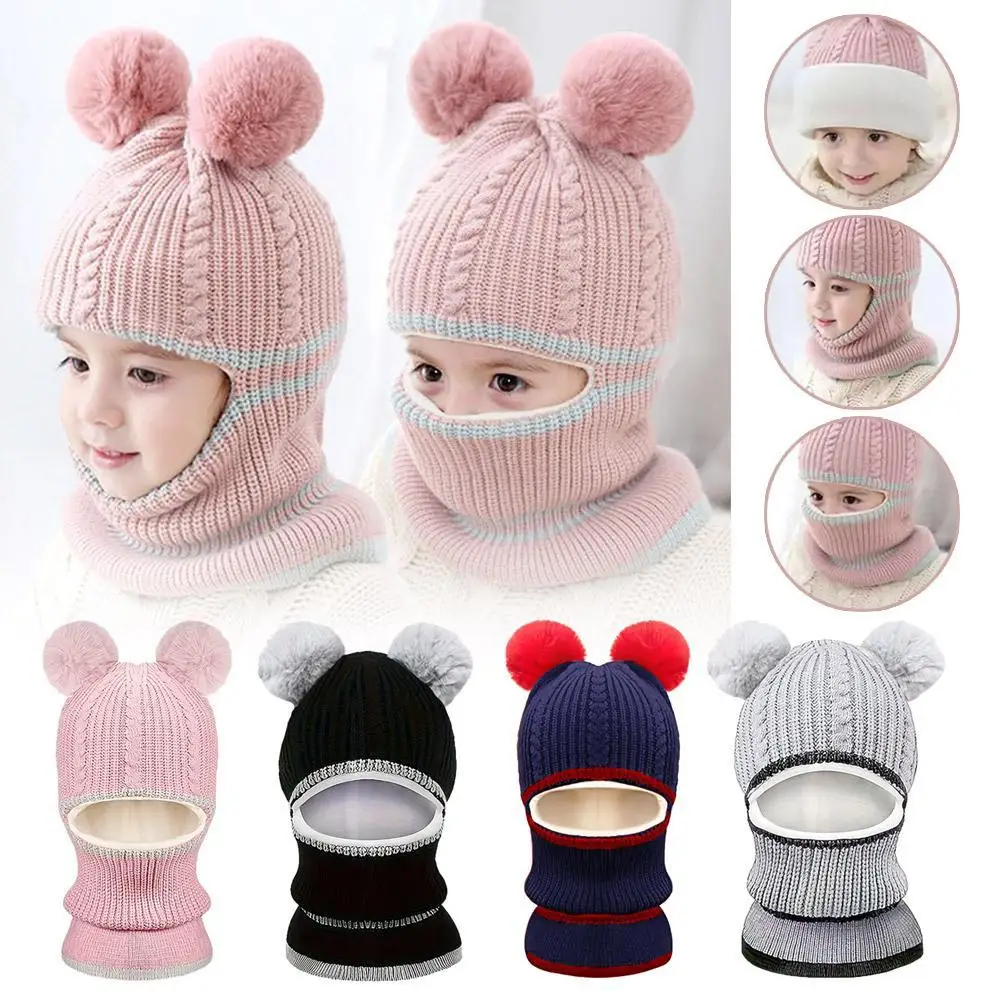 Bonnet écharpe en tricot à pompons pour enfants, bonnets coupe-vent pour bébé, bonnet de cou chaud pour filles et garçons, 2-5 ans, 1 pièce, hiver