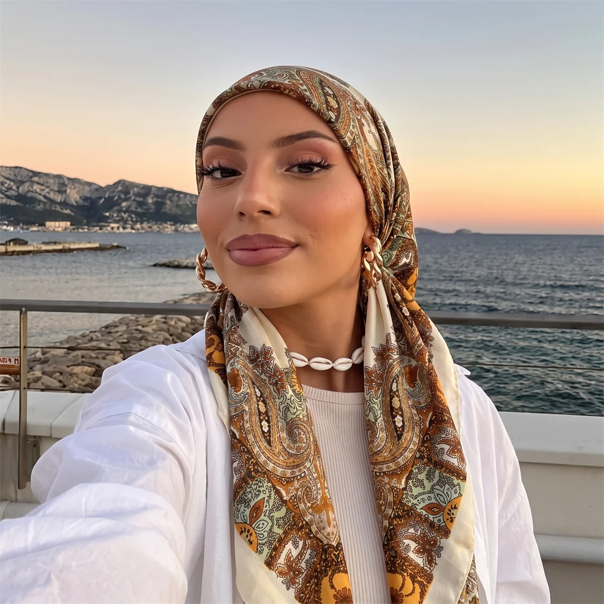 Instant Hijab With Elastic Band Women Satin Paisley Print Turban Scarf Fashion Headscarf Muslim Head Wrap Daily Travel Beach