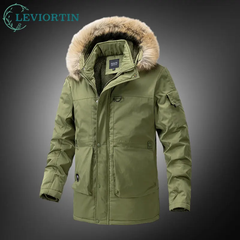 Winter Men's Fashion Hooded Padded Cotton Jacket Thickened Multi Pocket Casual Simple Medium Length Faux Fur Collar Parker Coats