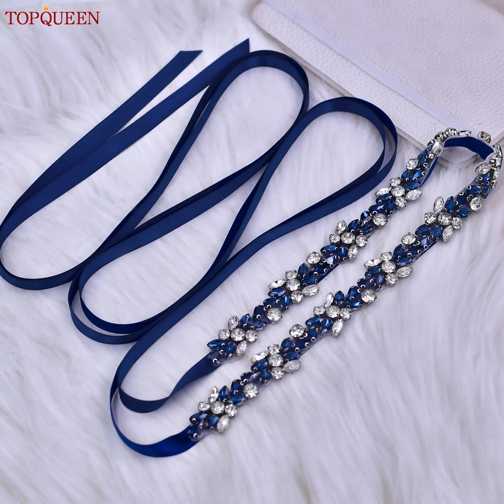 TOPQUEEN Handmadeเจ้าสาวเข็มขัดอุปกรณ์จัดงานแต่งงานน้ําเงินRhinestone Appliqueสุภาพสตรีอย่างเป็นทางการชุดเอวตกแต่งS437-ML