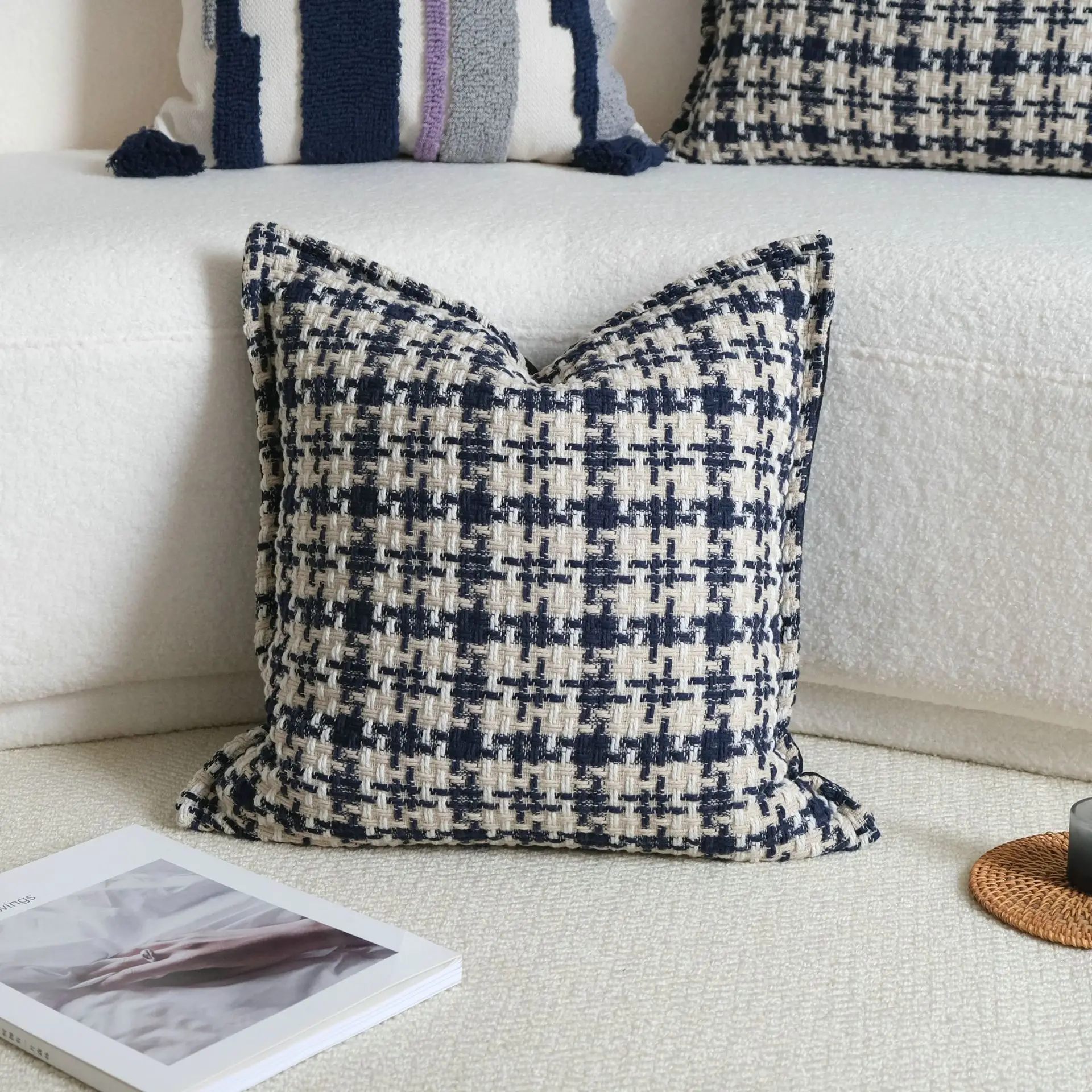 30x50/45x45cm Dark Blue Houndstooth Knitted Pillow Cover Mediterranean Style Edge Waist Cushion Living Room Sofa Decor Throw