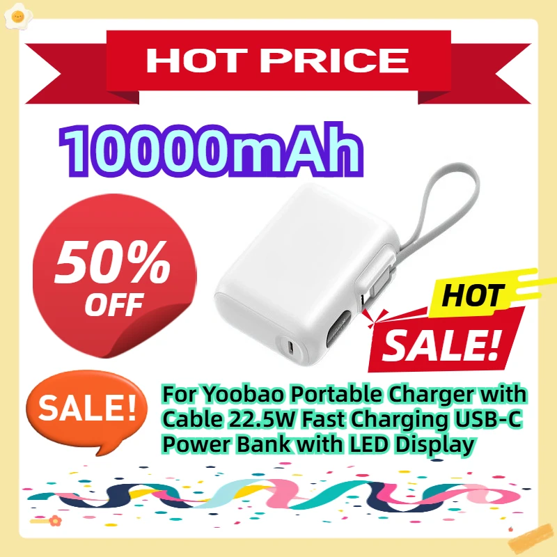 

For Yoobao Portable Charger with Cable 10000mAh 22.5W Fast Charging USB-C Power Bank with LED Display