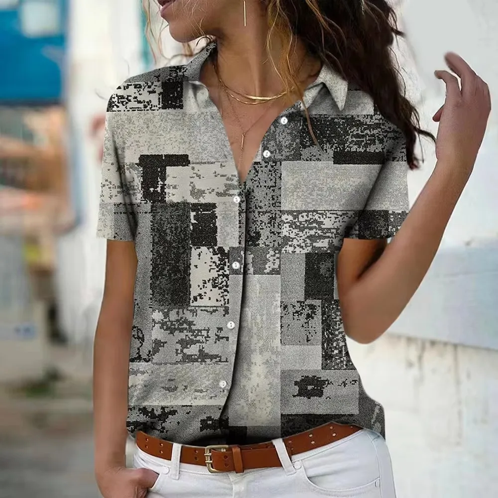 Casual Women\'s Shirt Blouse Vintage Geometric Block Print Button Short Sleeve Shirt Fashion Shirt Collar 2024 Spring Summer Tops