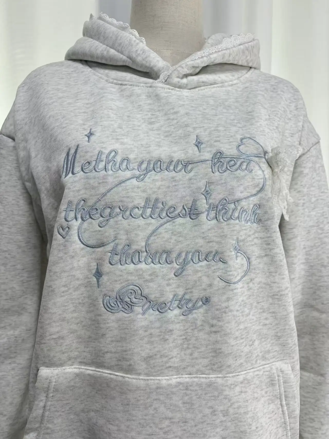 Dopamine Lace Trim French Embroidery Butterfly Hoodie Women 2025 Autumn Winter Fleece Lined Oversized Warm Sweatshirt