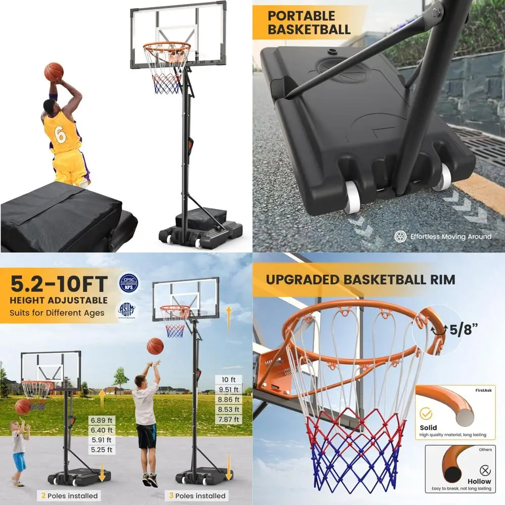 

Portable 10FT Adjustable Basketball Goal System with 44 Backboard for Outdoor Youth and Adult Play
