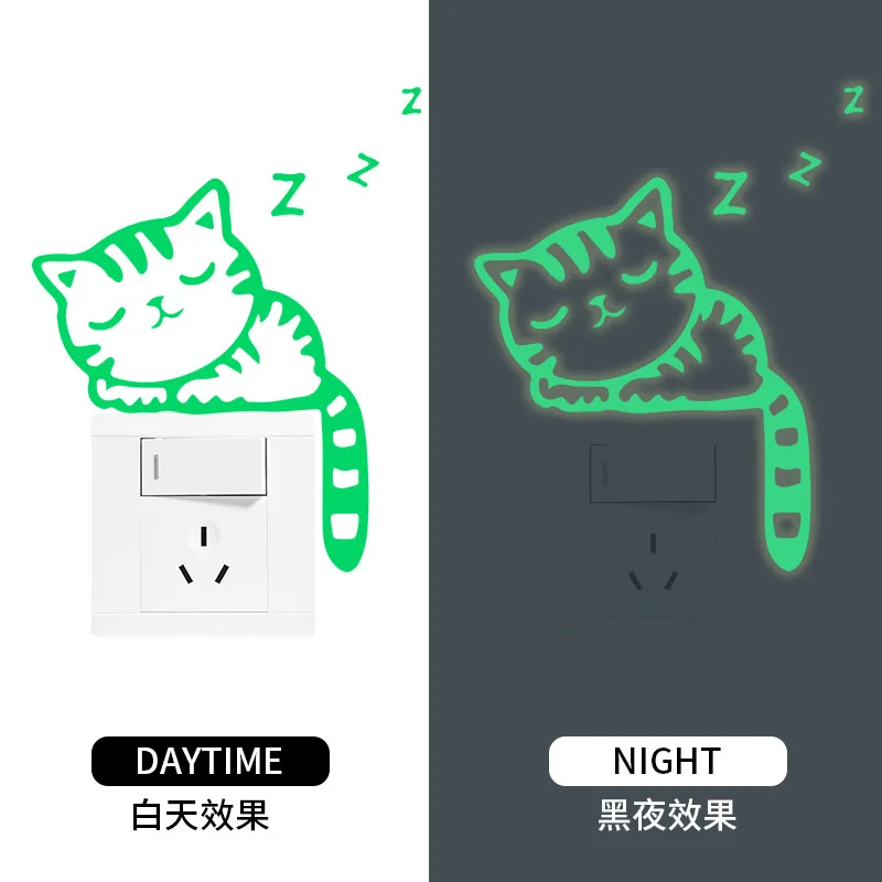 Cute Luminous Cartoon Cat Wall Stickers Glow in The Dark Light Switch Socket Tips Children's Bedroom Living Room Wall Decoration