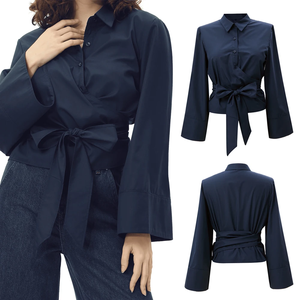 Women\'s Long Sleeve Kimono Blouses With Bow Tie, Front Button, Female Shirts, Chic Tops, Fashion