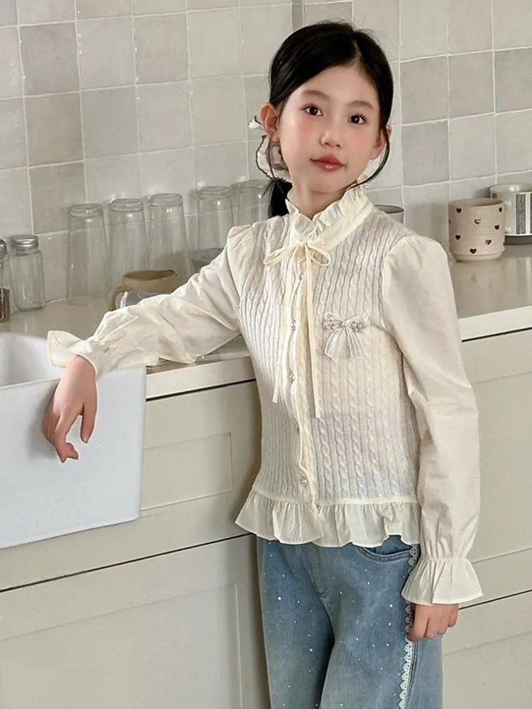 New Girl Knitting Patchwork Shirts Spring Autumn Long Sleeve Princess Tops Kids False Two-Pieces Children Blousers