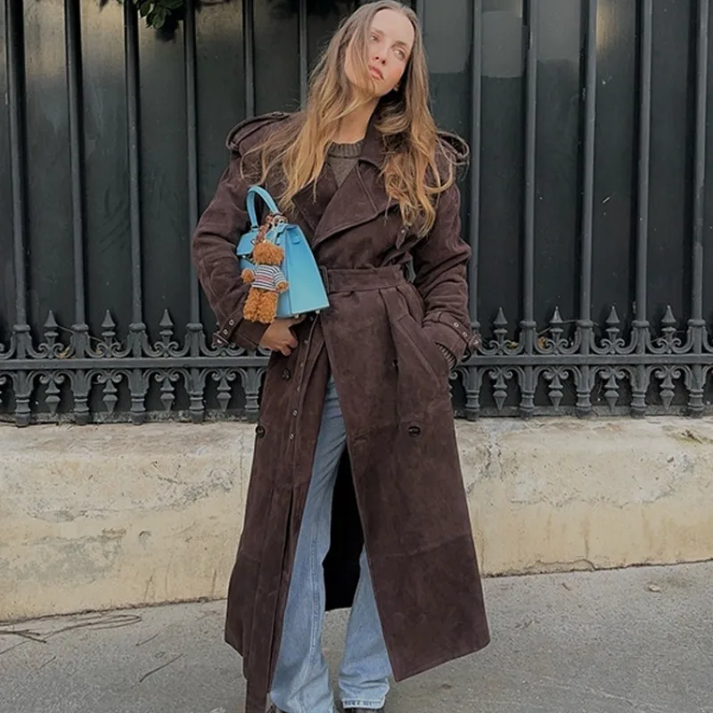 

Шикарный длинный плащ из искусственной замши с поясом, женский двойной нагрудный ветровка с длинными рукавами и лацканами, 2026, осенне-зимнее женское дорожное пальто, новое