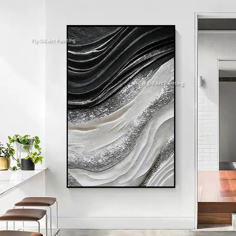 Metallic Silver Wave Relief Decor, Original Impasto Hand‑Painted Artwork, Sleek Curved Shapes for Luxury Home Canvas