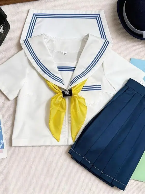 Original Blue Three-Book Uniform Set Women's Preppy Summer New Style Sailor Suit JK Uniform Short Skirt Versatile Matching