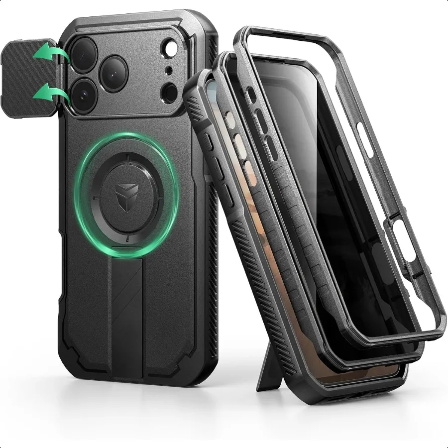 

Чехол Dexnor для iPhone 17 Pro Max с защитной пленкой для экрана [2 передняя рамка, встроенная откидная крышка для камеры, подставка] Совместимость