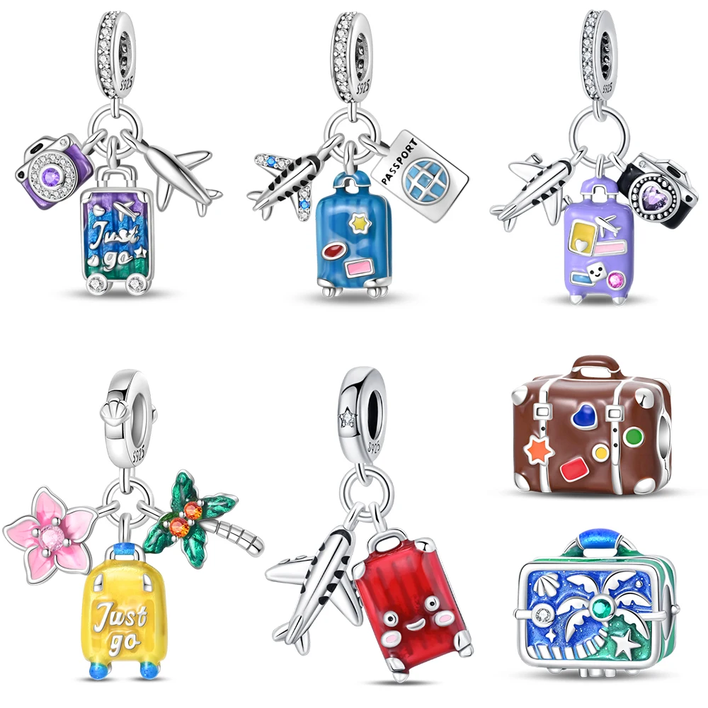 

Colorful 925 Sterling Silver Airplane & Travel Suitcase Dangle Charm Fits Pandora Bracelet Multi Element Vacation Style Jewelry