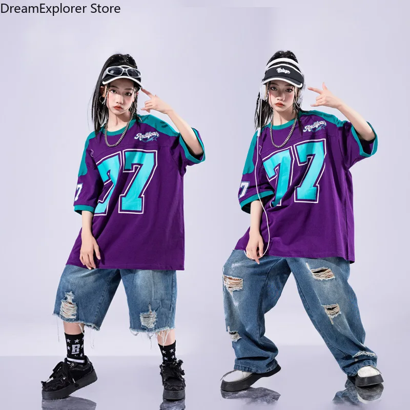 Hip Hop Boys Numbers T-shirt Ripped Jeans Pants Street Dance