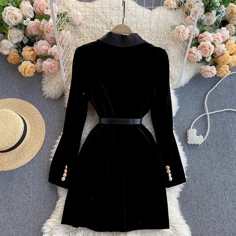 Celebrity Office Work OL Black Jacket Coat Autumn Winter Luxury Velvet Women Runway Overcoat Fashion Long Sleeve Blazer A8634