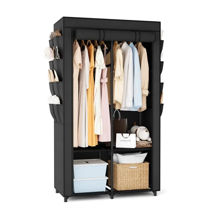

Portable Closet for Hanging Clothes, Portable Wardrobe Closet with Cover, 4 Storage Shelves, 2 Hanging Rods and 8 Side Pockets,