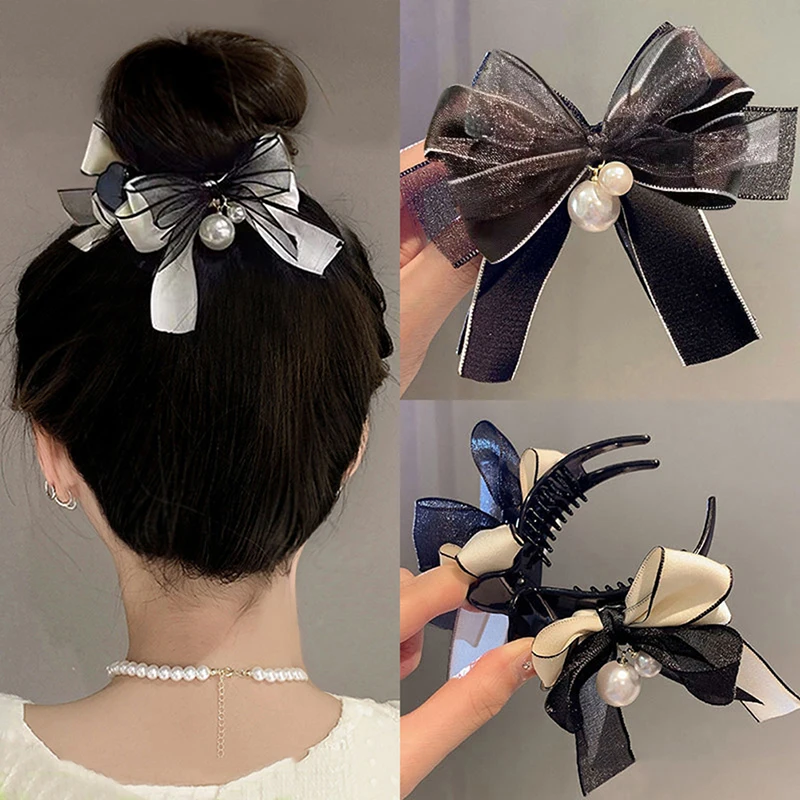 

New Lace Bow Pearl Hair Claws Advanced Sense Elegant Hair Clip Women Korean Fashion Girls Daily Wear Hairpins Hair Accessories