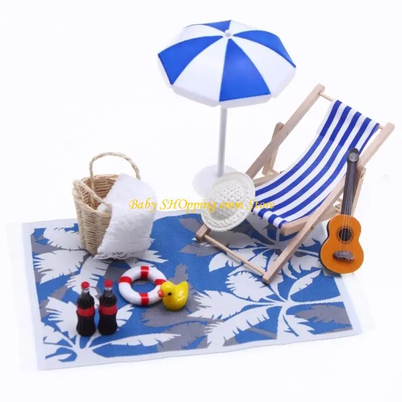 23GD Houten strandscèneaccessoires met miniatuurmeubilair Poppenhuisscènedecoratie voor kinderen Creatief fantasiespel
