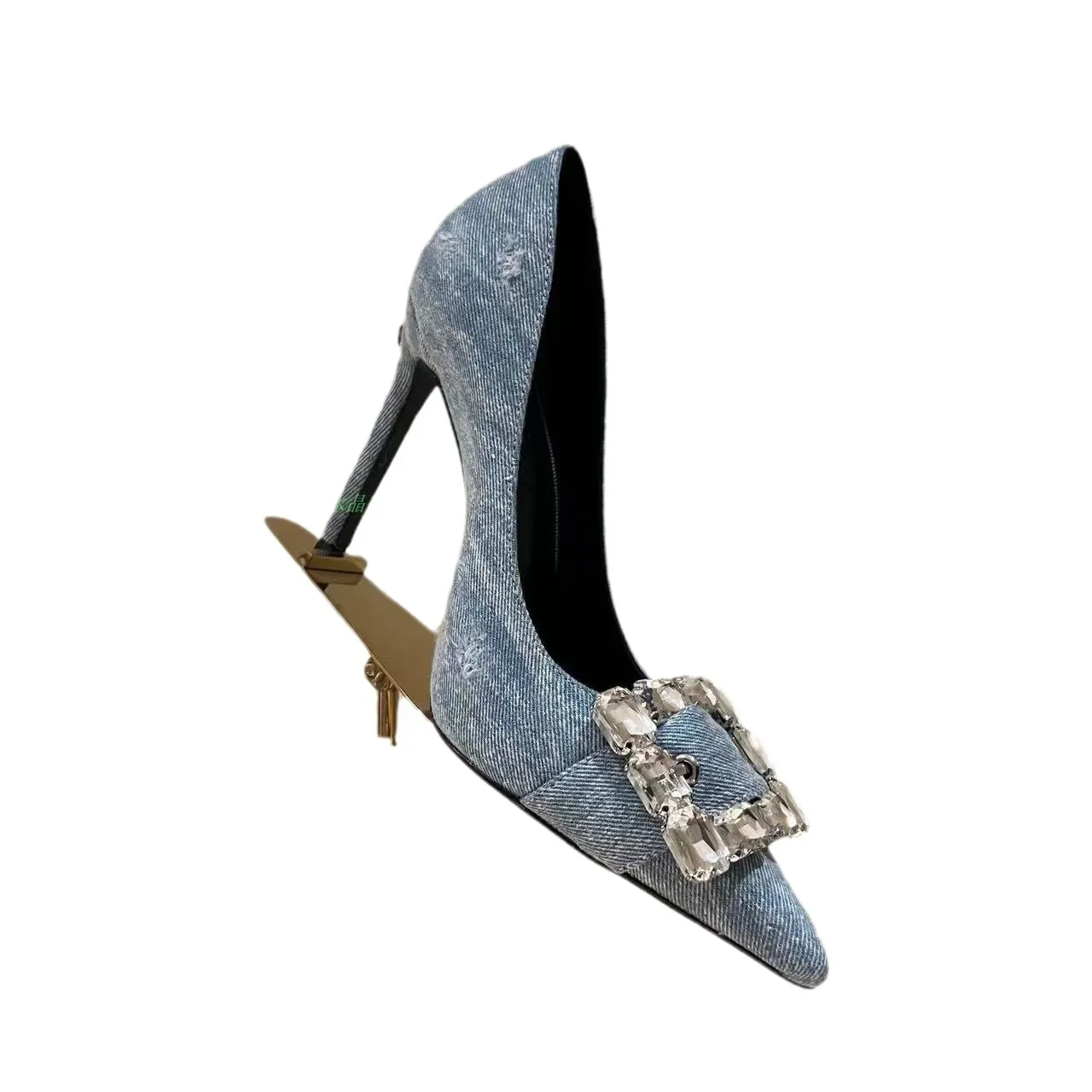 New blue denim square buckle rhinestone high heels, women\'s slim heels, pointed toe, and sexy women\'s singles shoes