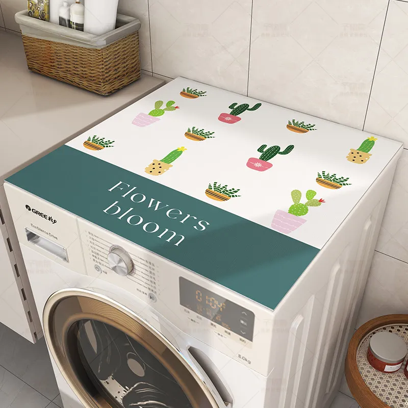 VIKAMA Cartoon Cactus Washing Machine Top Mat Dark Green Stripe Bloom Letter Print Waterproof Anti Dust Dryer Cabinet Pad Rug
