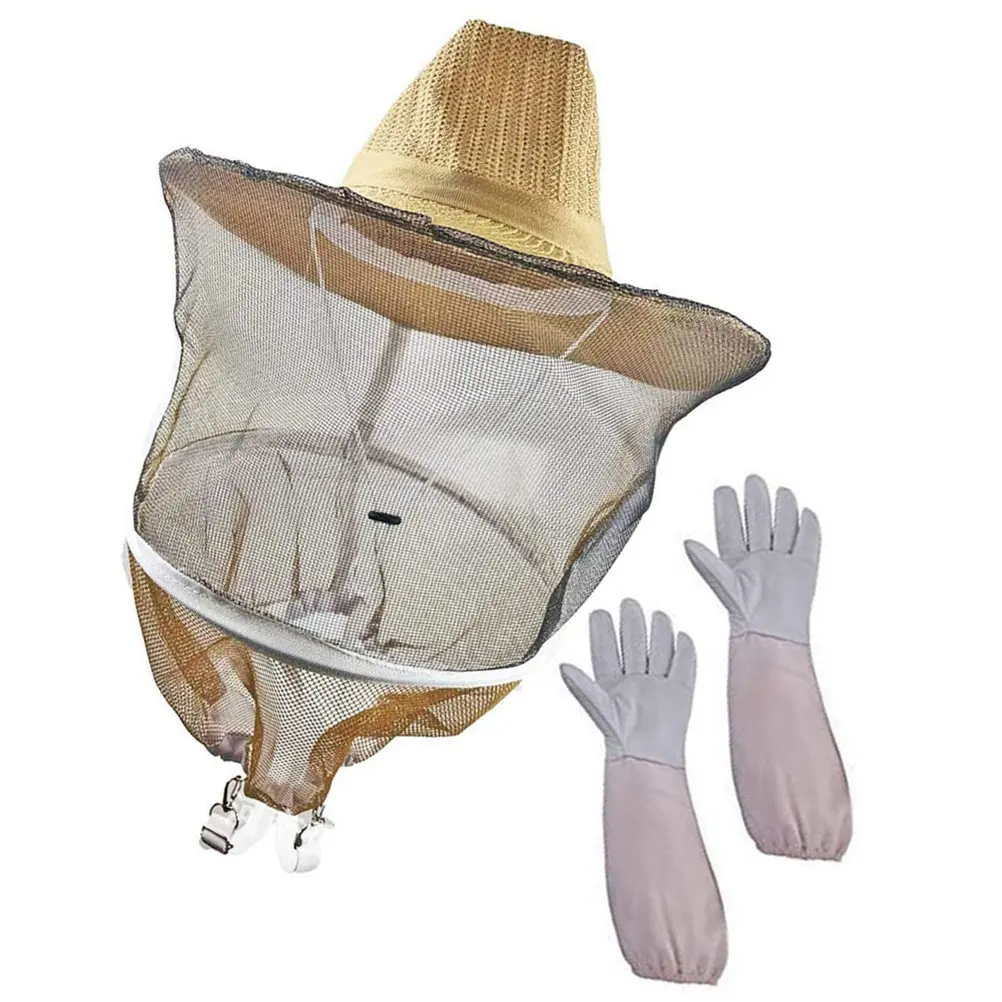 1Set Beekeeping Gloves and Folding Veil Hat Premium Beekeeper Protection Equipment Breathable Long Sleeve Gloves for Safe