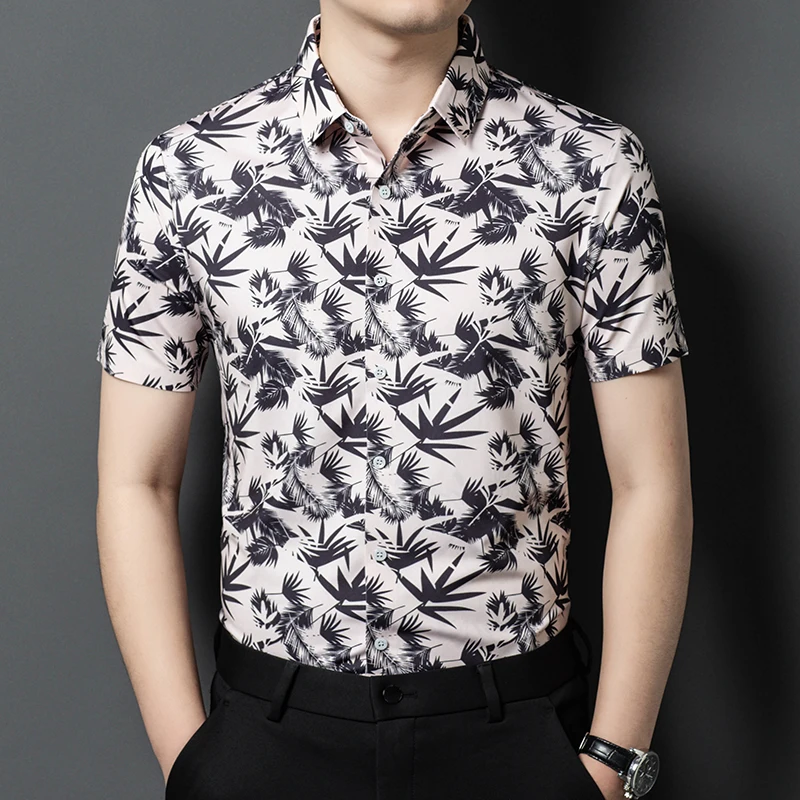 Seamless Silky Elastic Print Shirts For Men Short Sleeve Coolness Summer Quality Breathable Anti-Wrinkle Lapel Camisas De Hombre