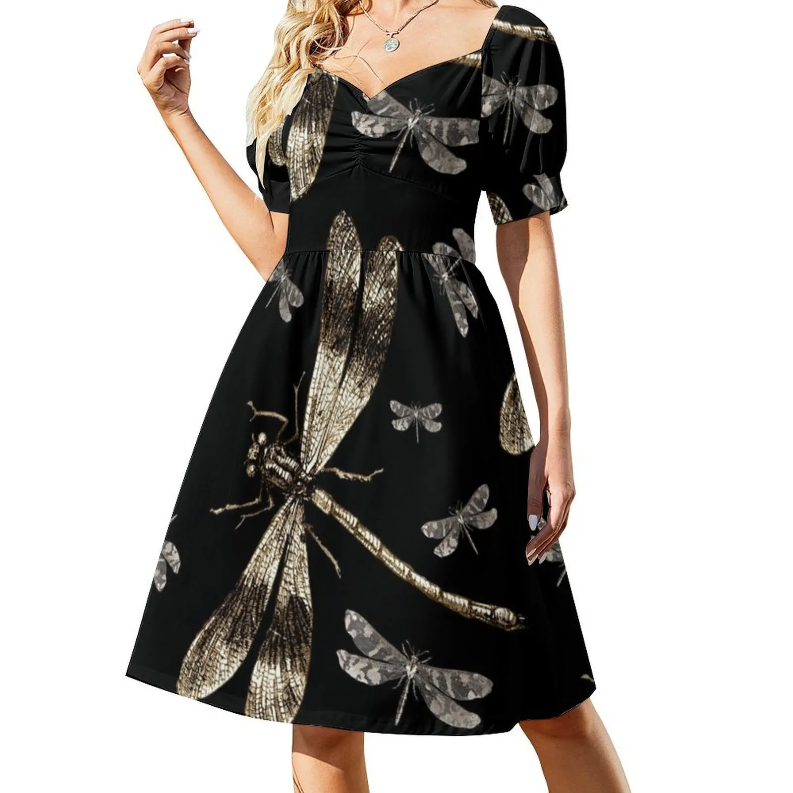 Capung Emas |   Gaun Liburan Seksi Seni Capung Antik untuk Wanita Gaun Mini Pesta Pantai Ulang Tahun Capung Emas