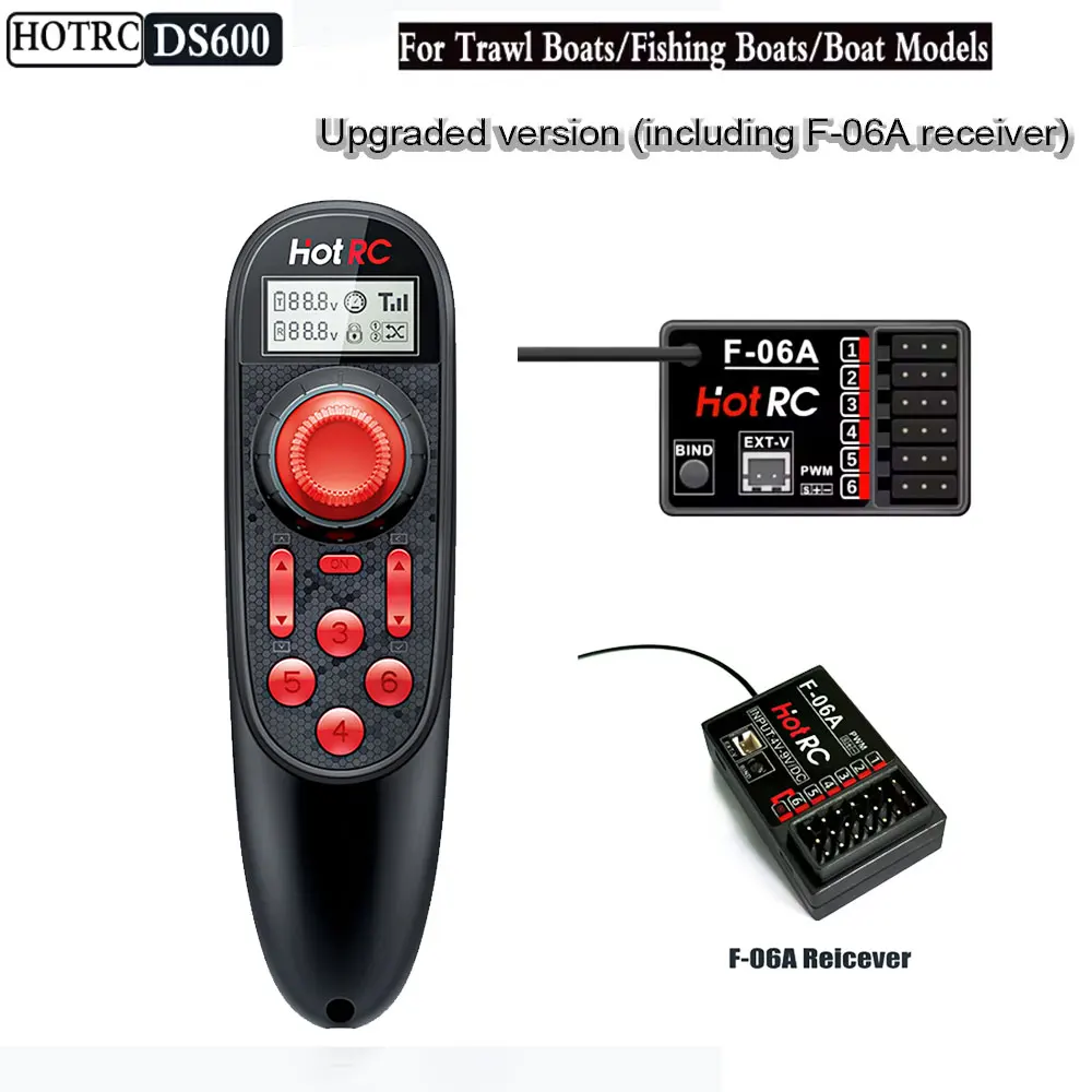 HOTRC DS600 Wireless Remote Control Upgrade System With F-06A Receiver 2.4GHz6CH Radio Transmitter ForRC Fishing Bait Boat Model