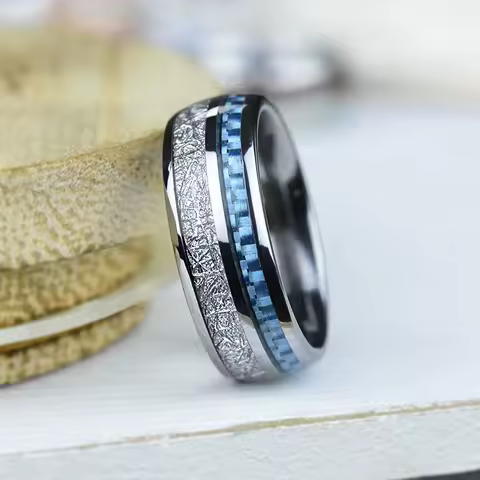 Fashion 8mm Men Silver Color Stainless Steel Ring Vintage Meteorites and Blue Carbon Fiber Rings For Men Wedding Band Jewelry