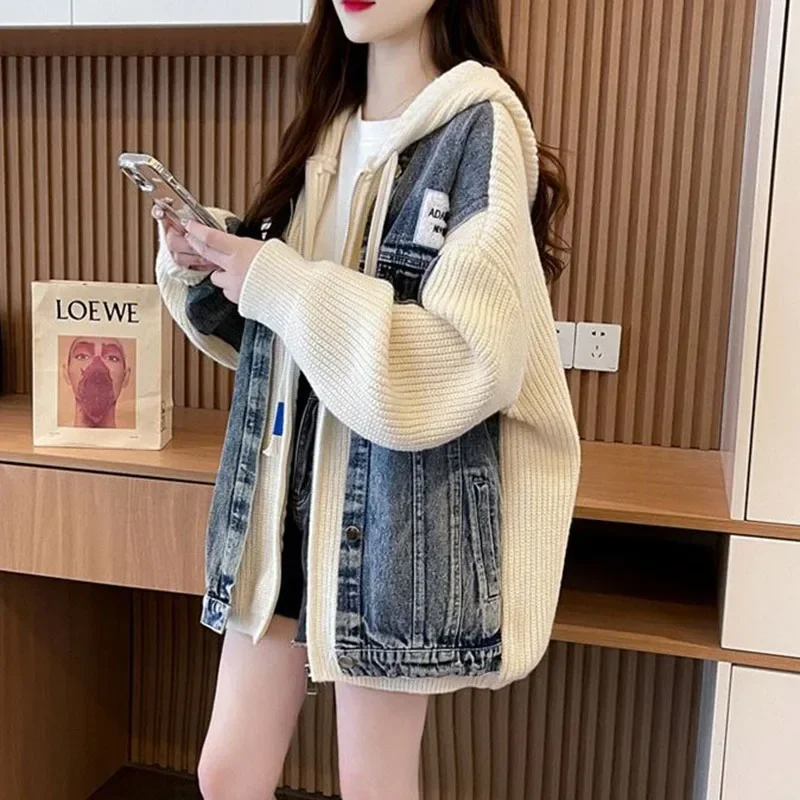 Knitted Cardigan Jacket Women Autumn Winter Korean Version  Fashion Cowboy Splicing Appear Thin Ladies Hooded Sweater Coat A590