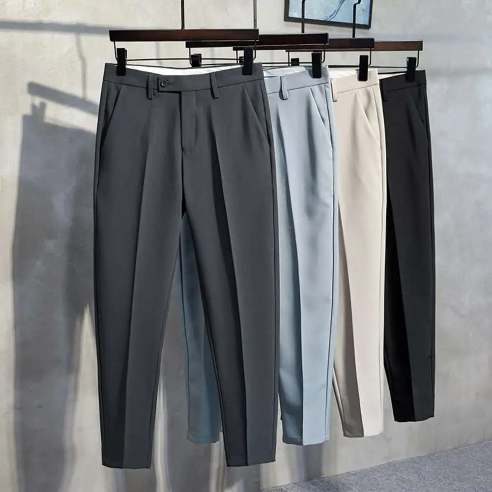 Pantalones de oficina elegantes para hombre, pantalones de traje ajustados con bolsillos suaves, cintura media, cierre de cremallera, negocios formales para A