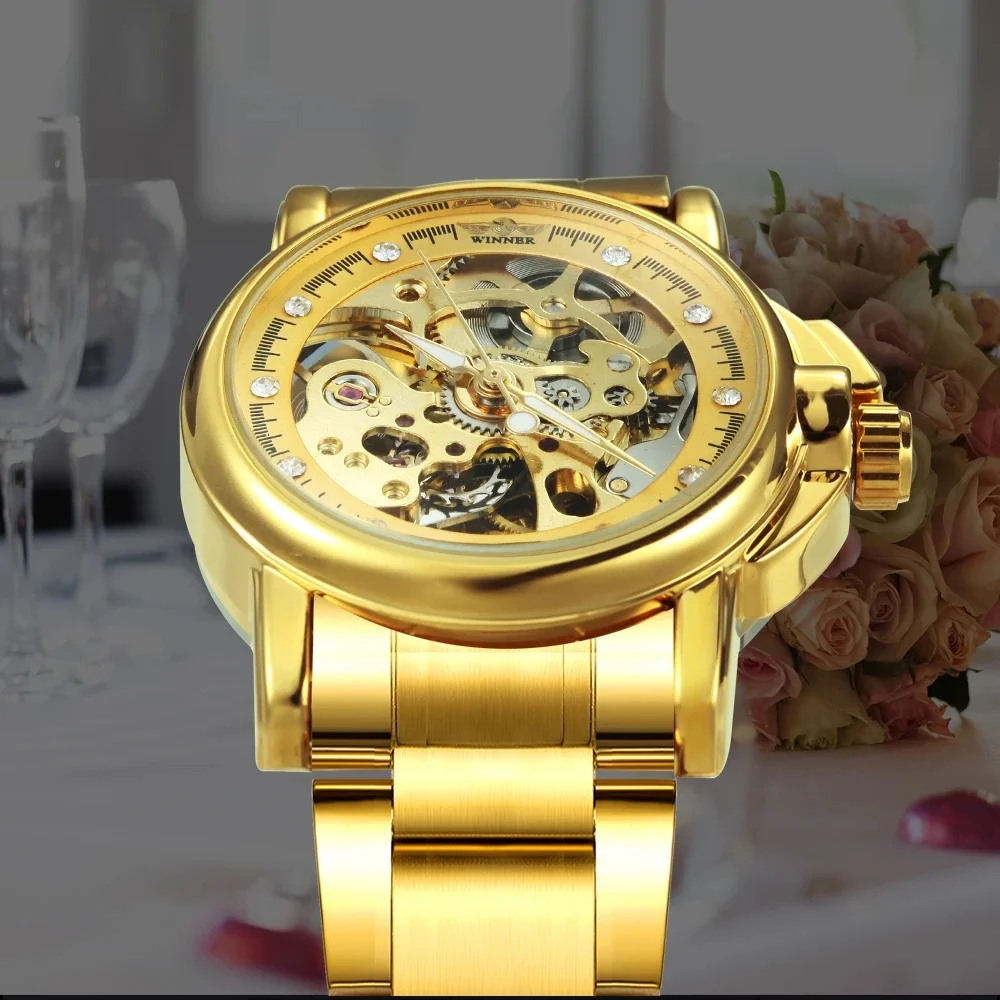 Women's Automatic Mechanical Watch with Skeleton Design, Transparent Back, Diamond-Studded Steel Band, Light Luxury Niche Luxury Retro Fully Automatic Mechanical Wristwatch, Gift