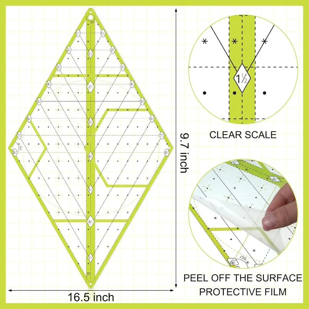 Kanayu 60 Degree Diamond Ruler Acrylic Patch Templates 60 Degree Triangle Ruler for Quilting Sewing Piecing