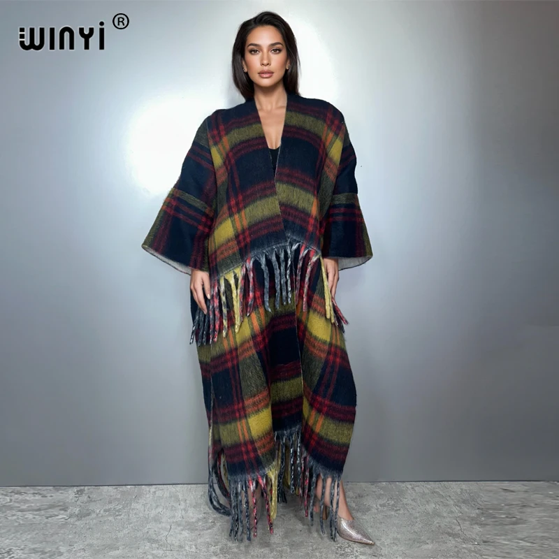 

WINYI Winter cloak Classic plaid print poncho Long OverCoat Thick Warm Female cardigan for women Africa coats holiday kaftan