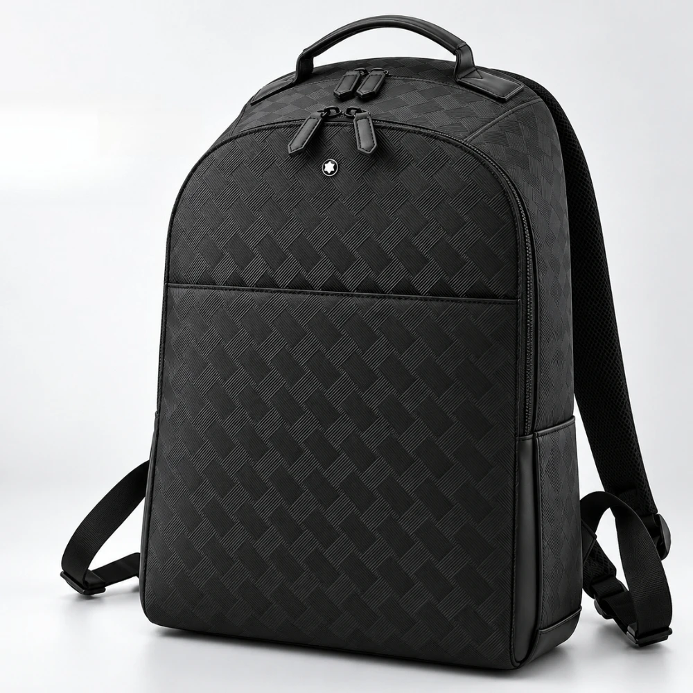 Classic Men Backpack Genuine Leather Large Capacity Woven Textured Rucksack with Front Pocket for Daily Office Commuting Meeting