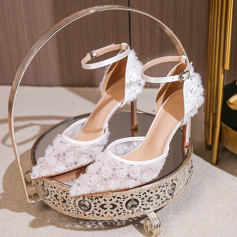 Summer new pointed lace mesh flower sequin wedding shoes banquet large size small size slim heel high-heeled women's sandals