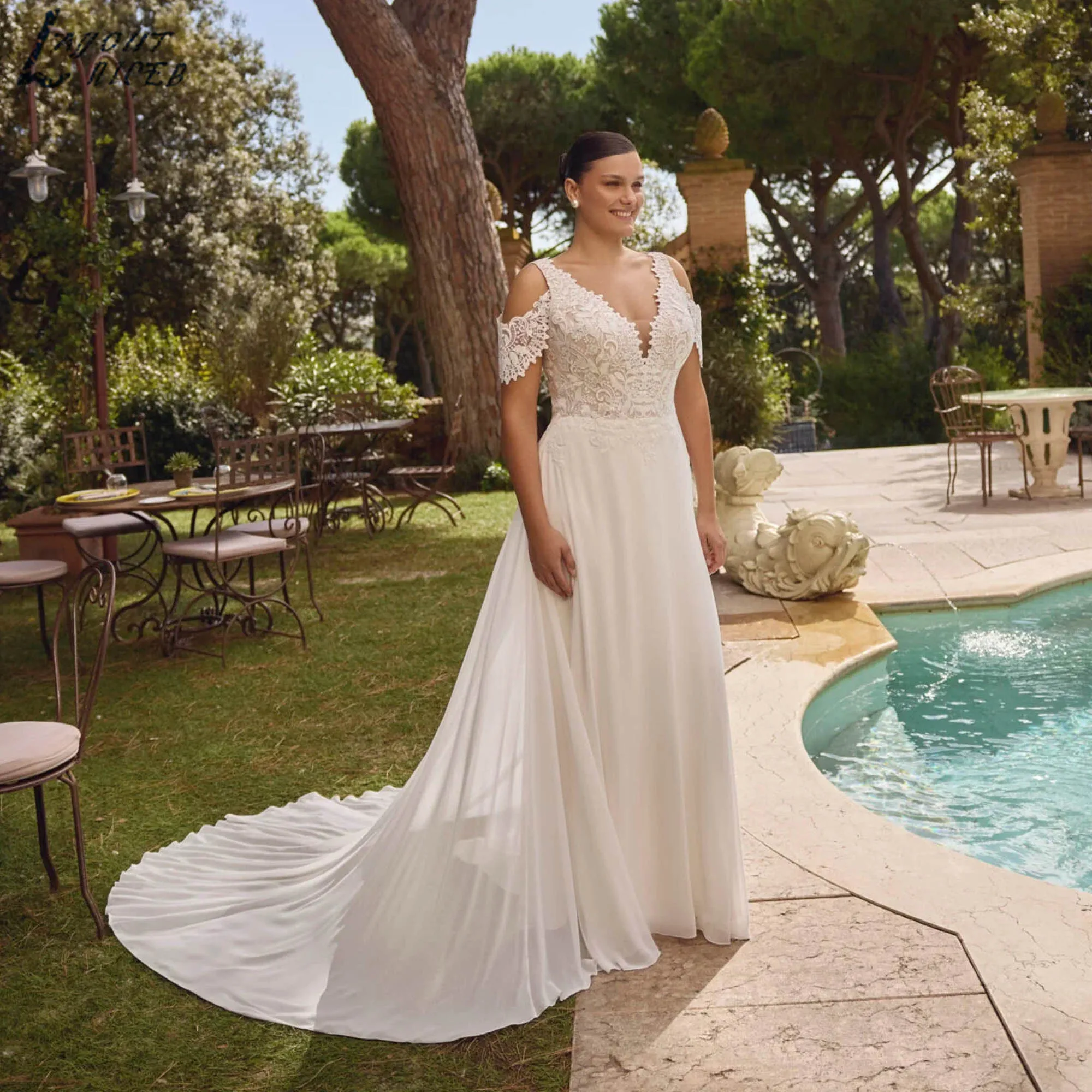 

Boho Chiffon Wedding Dresses Plus Size A-line Appliques Bridal Gowns Wide Straps V-back Modern vestidos de novia 2025 Customized